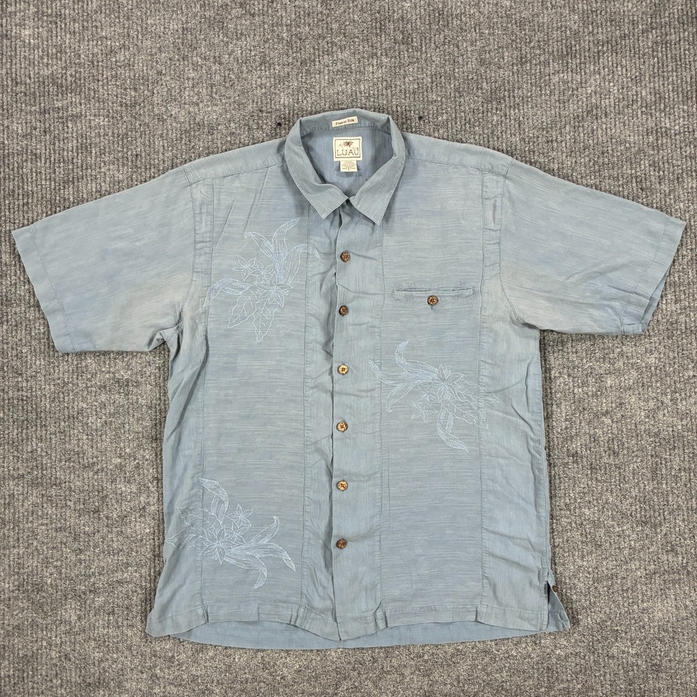 Luau Hawaiian Shirt Mens L Blue Silk Blend Camp Aloha Embroidered Floral Button